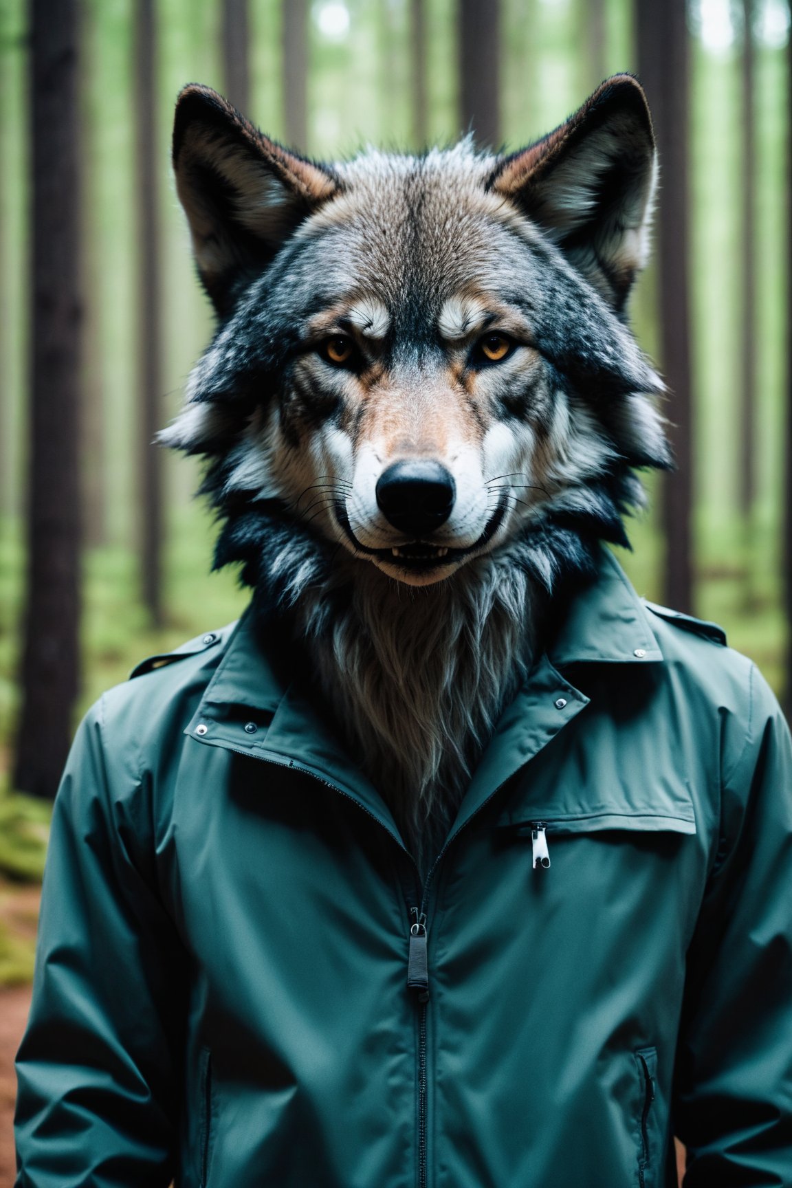 Horror-themed wolf head in a jacket in a forest, wolf fursona, anthropomorphic wolf male, photo of wolf, anthropomorphic wolf, wolf like a human, furry fursona, an anthropomorphic wolf, half man half wolf, fursuit, anthropomorphic, tall emaciated man wolf hybrid, fursona, . Eerie, unsettling, dark, spooky, suspenseful, grim, highly detailed