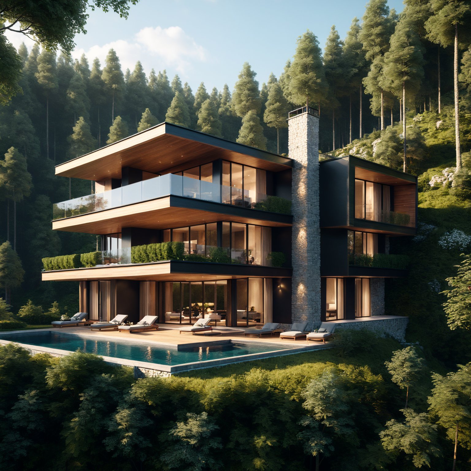 3d render luxurious villa in the woods