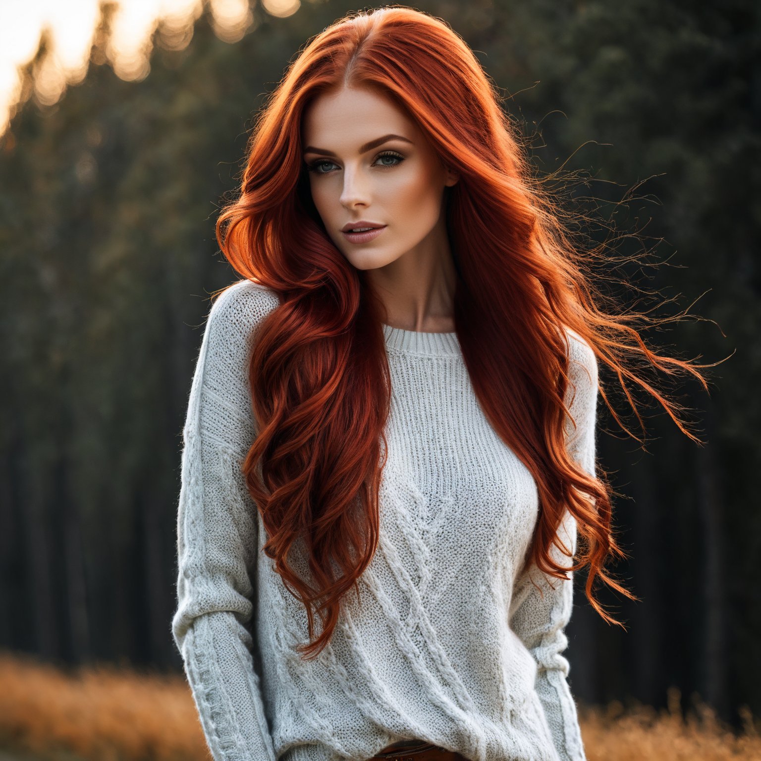 beautiful red hair woman, long flowing hair, tight sweater, sfw