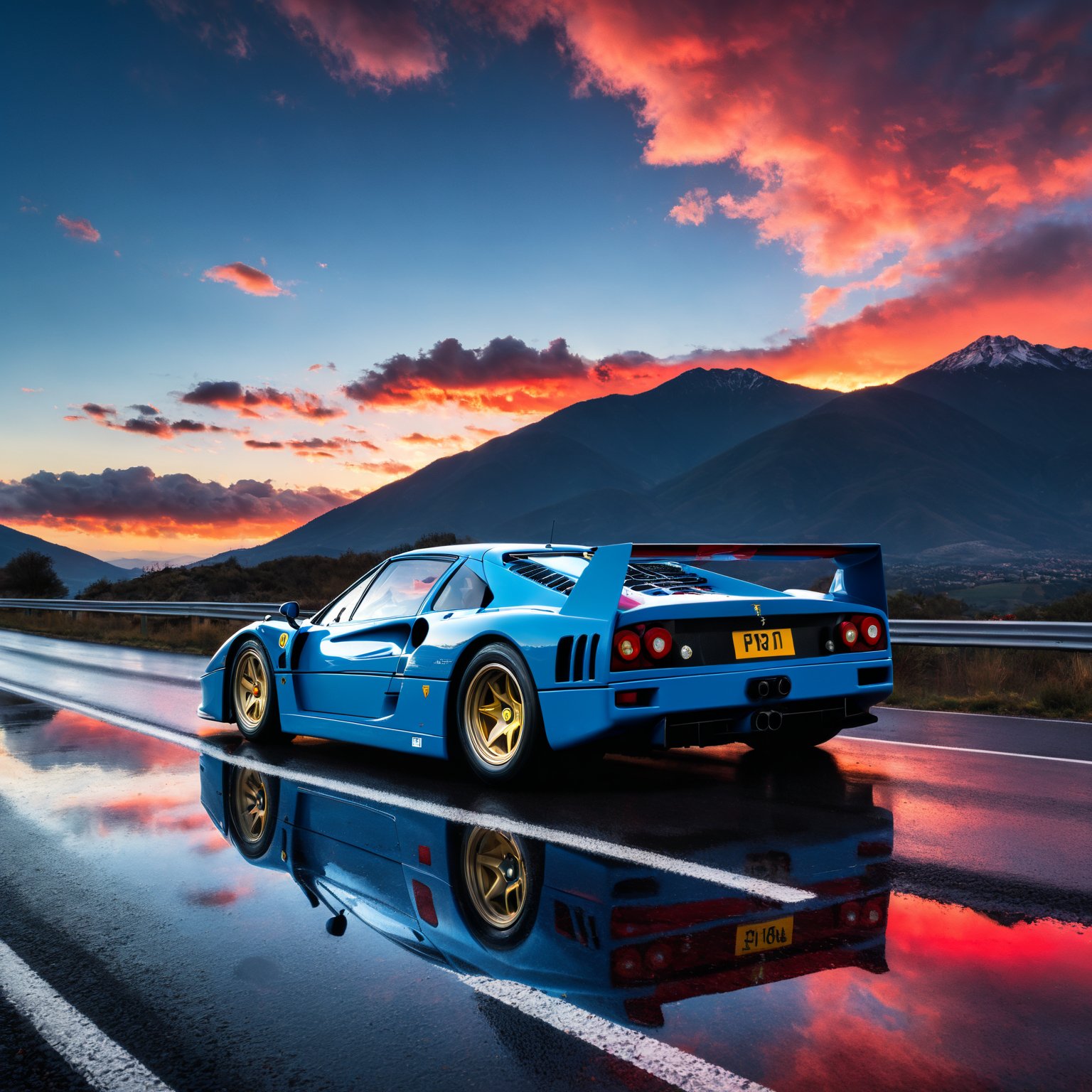 blue ferrari f40 racing car,cloud,mountain,no humans,red sky,reflection,road,scenery,sky,sun,sunset,cinematic lighting,