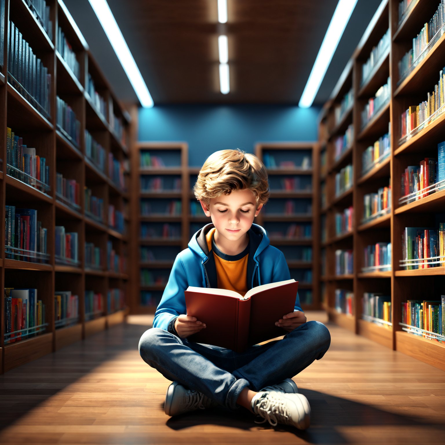 3d render boy reading in library photorealistic