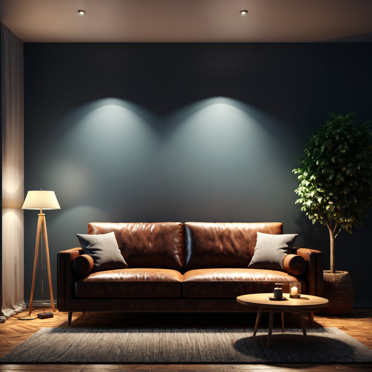 3d render small cozy living room, leather sofa, lamp, wooden floor, books, at night