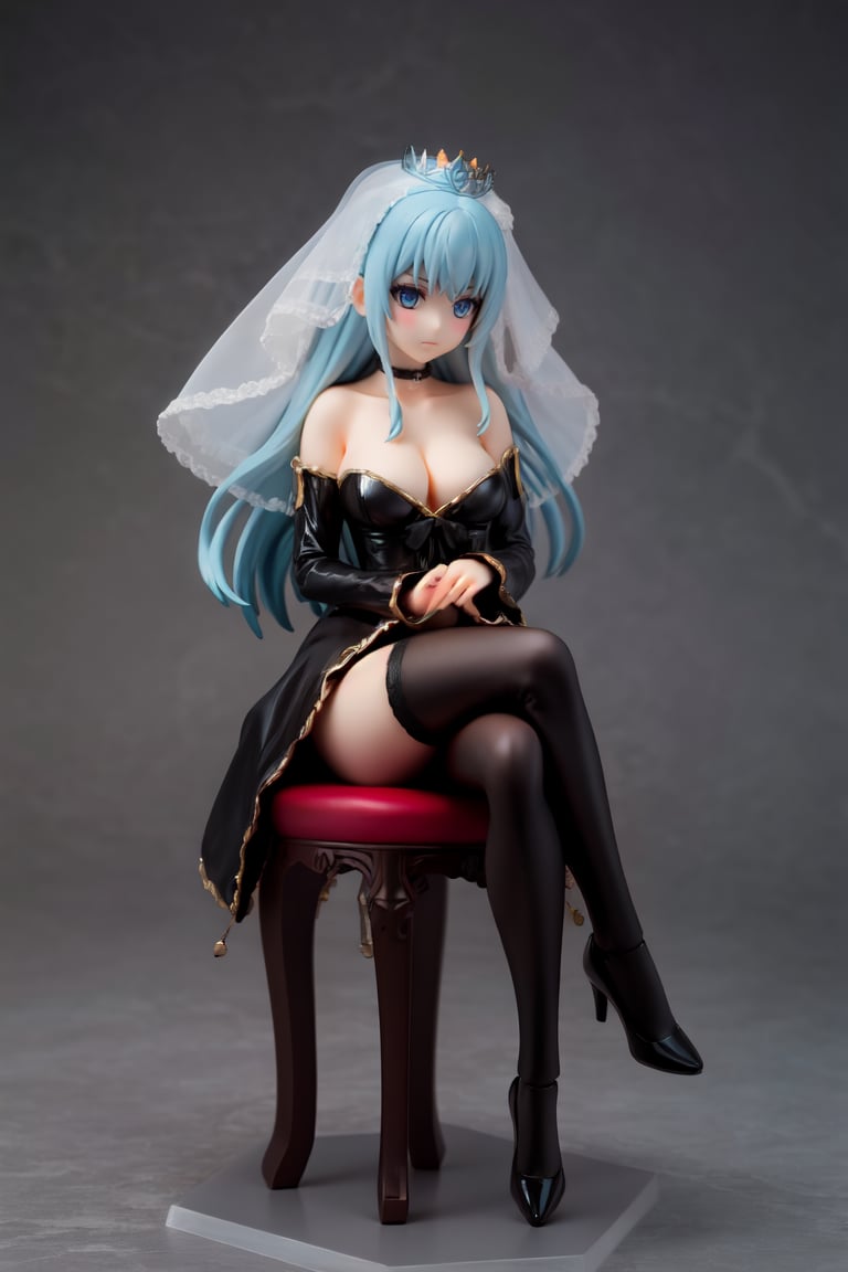 masterpiece,best quality,figma,1girl,medium breasts,morgan le fay,black bow,bow,light blue hair,blue eyes,choker,hair bow,hair ornament,long hair,ribbon,black dress,blue ribbon,collarbone,dress,long sleeves,open clothes,open dress,thighhighs,black veil,braid,cleavage,clothing cutout,collarbone,crown,navel,stomach cutout,veil,figure,miniature on shelf,full body,sitting,stool,crossed legs,arrogant expression,shelf background,