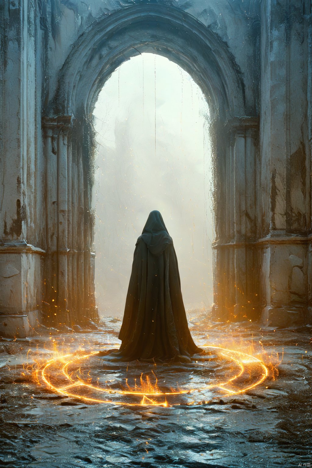 1boy,solo,mysterious setting with fire swirling around it and a doorway in the background