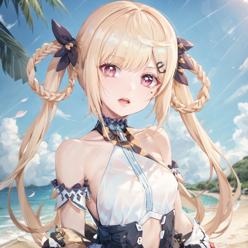 ray tracing, {best quality}, {{masterpiece}}, {highres}, original, extremely detailed 8K wallpaper, {an extremely delicate and beautiful}, extremely detailed CG unity 8k wallpaper, beachday, outdoorsdetailed background, Cherry blossoms, 1girl, standing, long hair, solo focus, looking at viewer, jewelry, choker, makeup, upper teeth only, eyeshadow,ink eyeshadow, eyelashes, collarbone, (ribs:1.2), 1beautiful and detailed girl, (+++extremely delicate and beautiful face features+++), blonde hair, twintails, long hair, hair rings, hair ornament, braid, red eyes