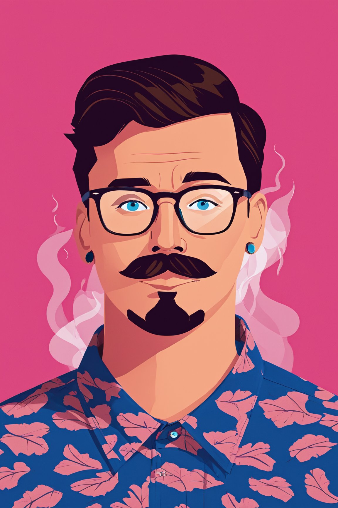 AiArtV, Flat Illustration, Vector Illustration, solo,blue eyes,simple background,brown hair,shirt,black hair,1boy,upper body,male focus,earrings,glasses,artist name,signature,facial hair,pink background,mustache,smoking,print shirt