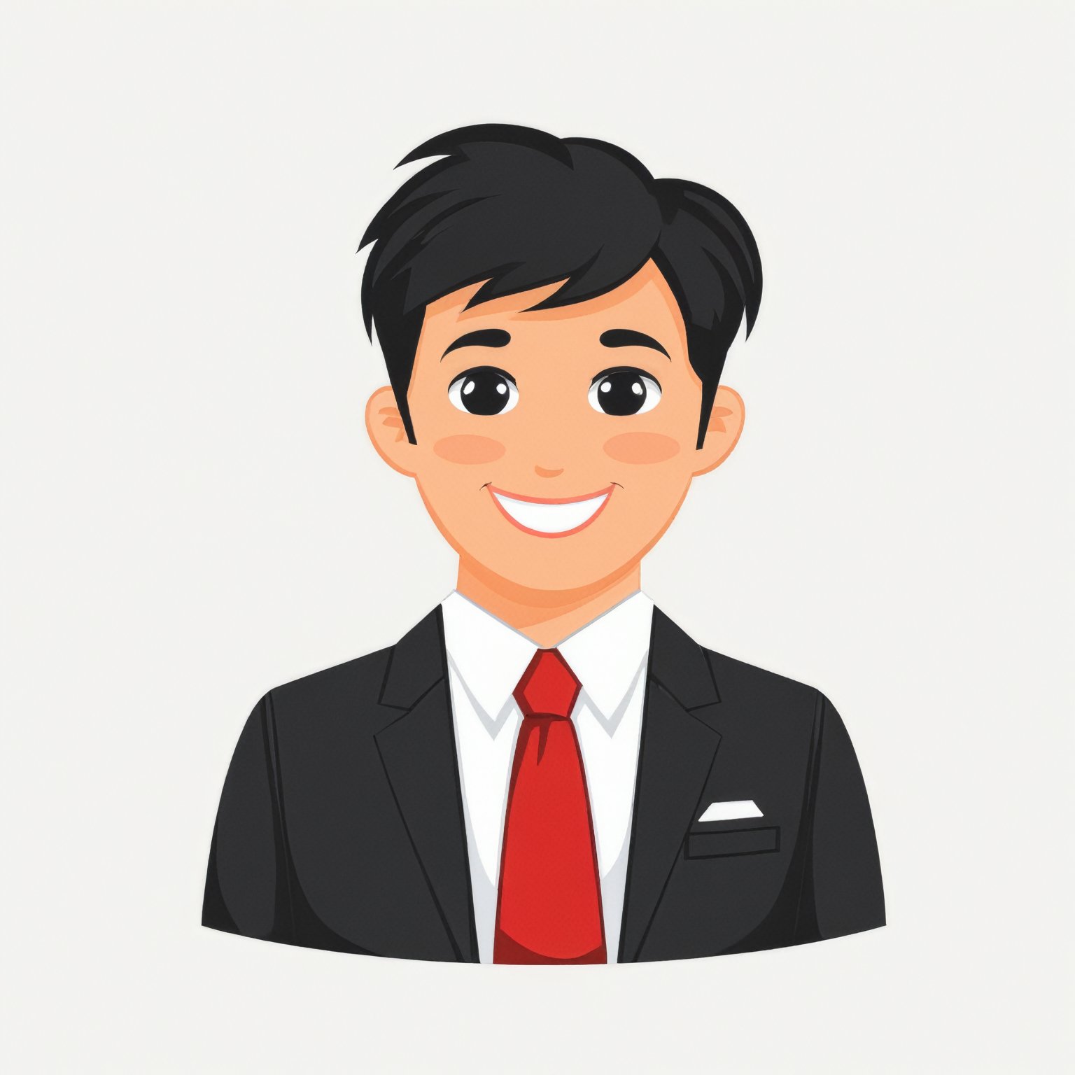 AiArtV,  Flat Illustration,  Vector Illustration,  solo, looking at viewer, smile, short hair, open mouth, simple background, shirt, black hair, long sleeves, 1boy, white background, jacket, white shirt, upper body, male focus, necktie, collared shirt, hand up, black eyes, black jacket, formal, suit, red necktie,<lora:EMS-259705-EMS:0.800000>