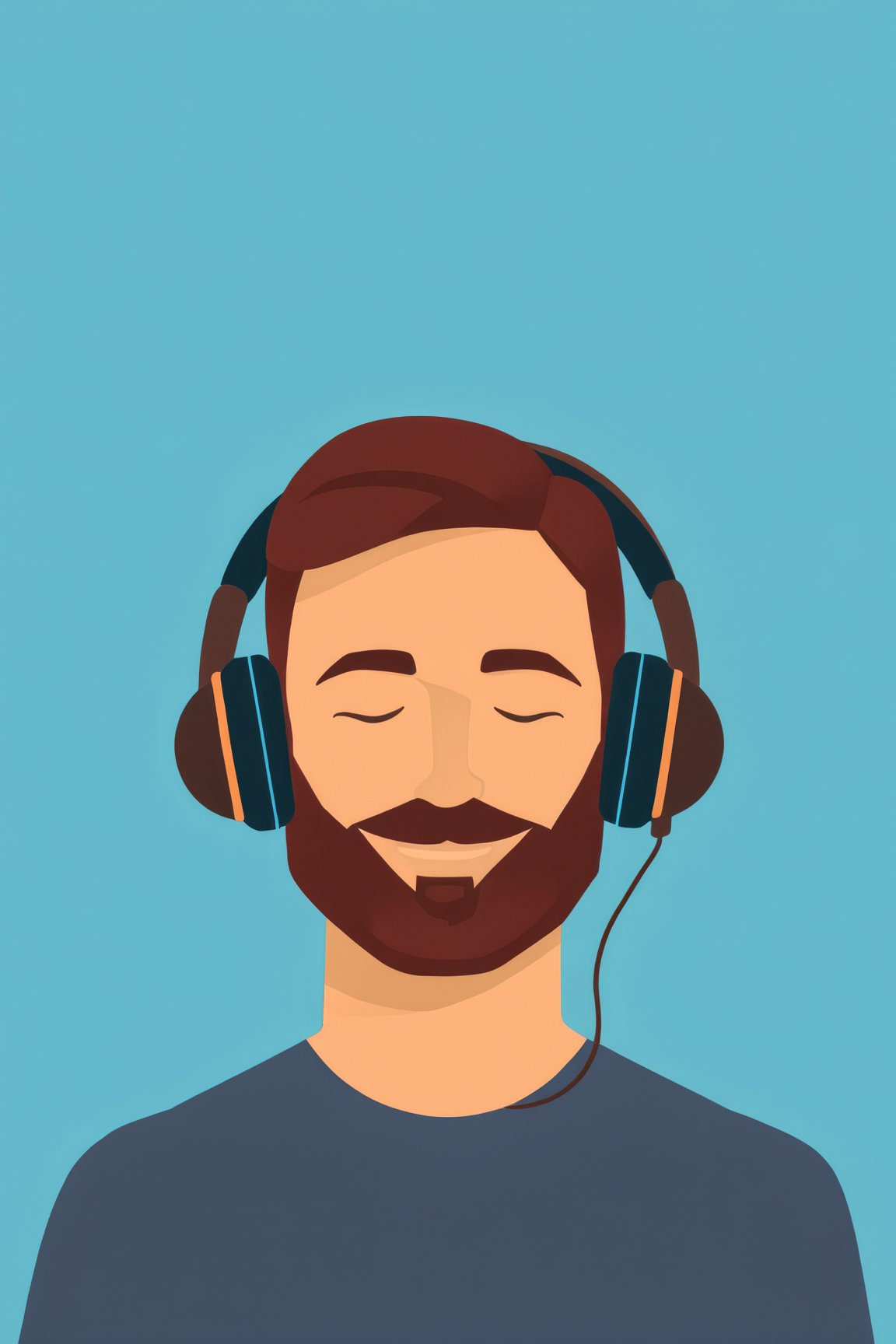 AiArtV,  Flat Illustration,  Vector Illustration,  solo, smile, short hair, simple background, brown hair, shirt, long sleeves, 1boy, closed eyes, upper body, male focus, facial hair, headphones, blue background, red shirt, beard, mustache, flat color,<lora:EMS-259705-EMS:0.800000>