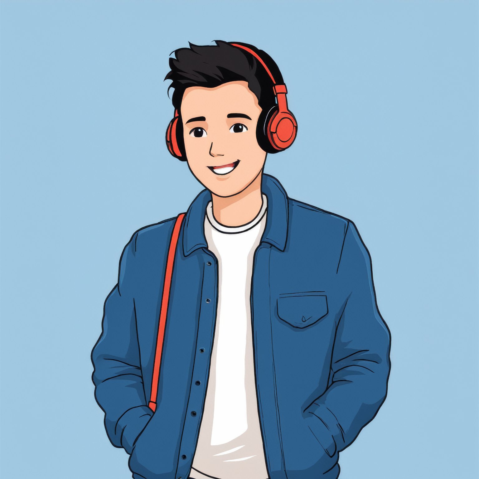 AiArtV,  Flat Illustration,  Vector Illustration,  solo, smile, short hair, open mouth, simple background, shirt, black hair, 1boy, jacket, white shirt, upper body, male focus, black eyes, headphones, blue background, blue jacket,<lora:EMS-259705-EMS:0.800000>