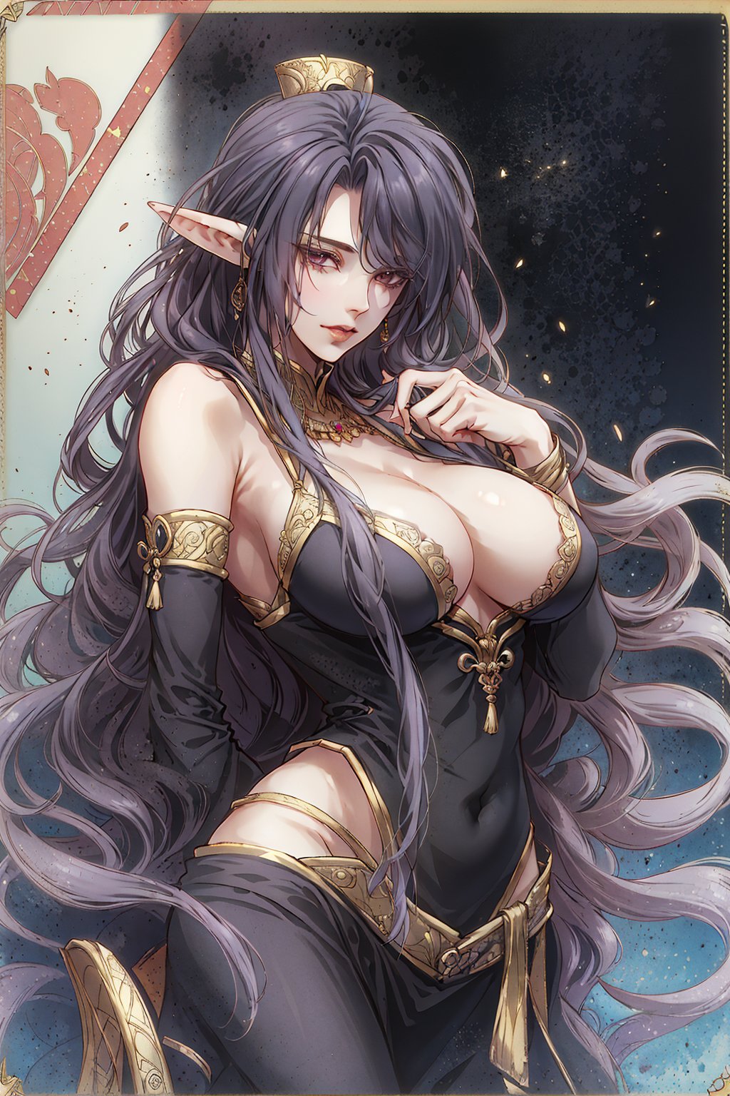 8k, (absurdres, highres, ultra detailed),female ( black skin elf), Big boobs:1.2, curvy, sexy, (pharaoh:1.2), ancient_egypt, perfect hand, perfect fingers, perfect body, full height, big breasts, wide hips, purple eyes, platinum long hair, magician, exposed nipples and pussy, Lying on the throne,(long wavy hair:1.3), very long hair, tarot, art nouveau , Art Nouveau Style,shaonv