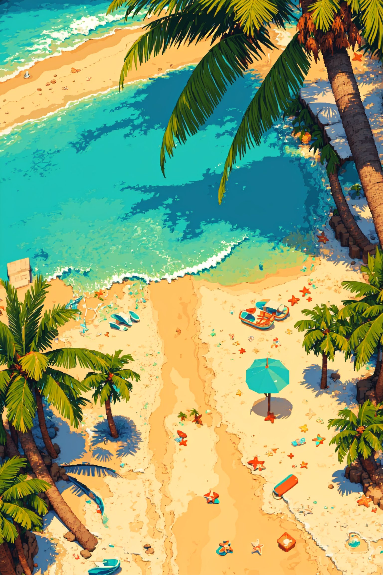 Cute beach, palm trees, crys | image created by | Tensor.Art