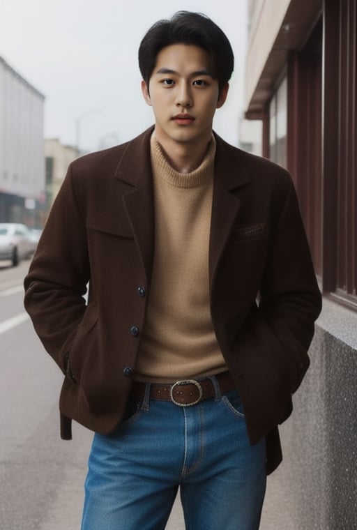 1boy,  20 years old,  korean,  black hair,  light brown eyes,  man of incredible beauty,  extremely handsome,  very beautiful,  (Cowboy-shot:1.2), #boy , #male,<lora:EMS-259808-EMS:0.800000>