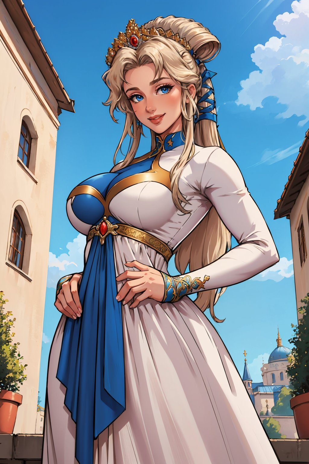 masterpiece, best quality,   <lora:nyna-nvwls-v1-000009:0.9> nyna, hair ribbon, crown, white dress, long dress, long sleeves, large breasts, contrapposto, from below, smile, looking at viewer, blue sky, courtyard, hand to hip