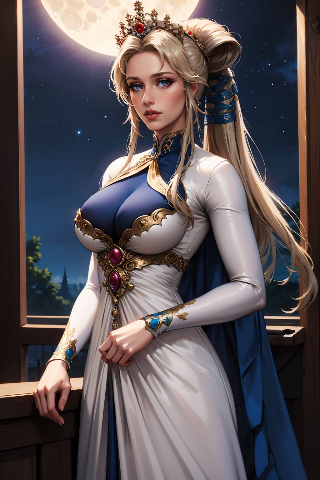 masterpiece, best quality,   <lora:nyna-nvwls-v1-000009:0.9> nyna, hair ribbon, crown, white dress, long dress, long sleeves, large breasts, looking at viewer, night sky, moon, cowboy shot