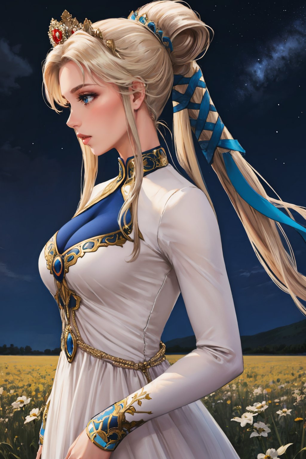 masterpiece, best quality,   <lora:nyna-nvwls-v1-000009:0.9> nyna, hair ribbon, crown, white dress, long dress, long sleeves, large breasts, profile, night sky, stars, field