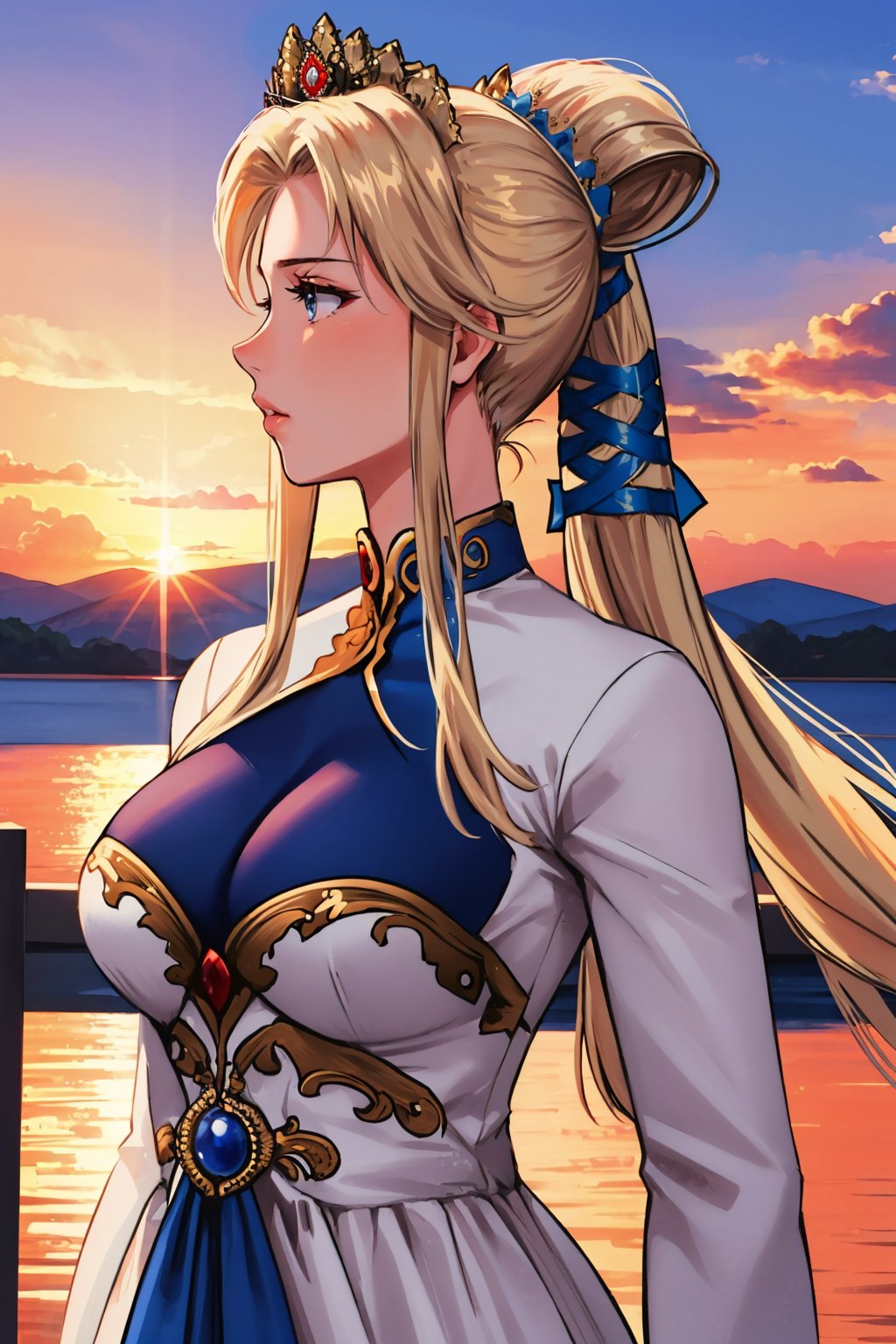 masterpiece, best quality,   <lora:nyna-nvwls-v1-000009:0.9> nyna, hair ribbon, crown, white dress, long dress, long sleeves, large breasts, upper body, looking up, sky, clouds, sunset, profile