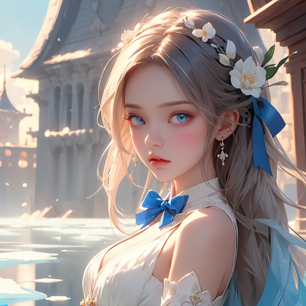 (((masterpiece))),best quality, illustration,(beautiful detailed girl),beautiful detailed glow,detailed ice,beautiful detailed water,(beautiful detailed eyes),expressionless,(floating palaces),azure hair,disheveled hair,long bangs, hairs between eyes,(skyblue dress),black ribbon,white bowties,midriff,{{{half closed eyes}}},big forhead,blank stare,flower,large top sleeves