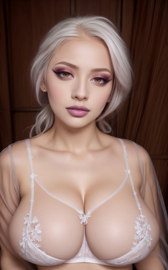 (best quality), white hair, (girl with huge breasts:1.2) in a Floral Embroidered Mesh Underwire Bra and Panty Sexy Lingerie Set, face surprised  