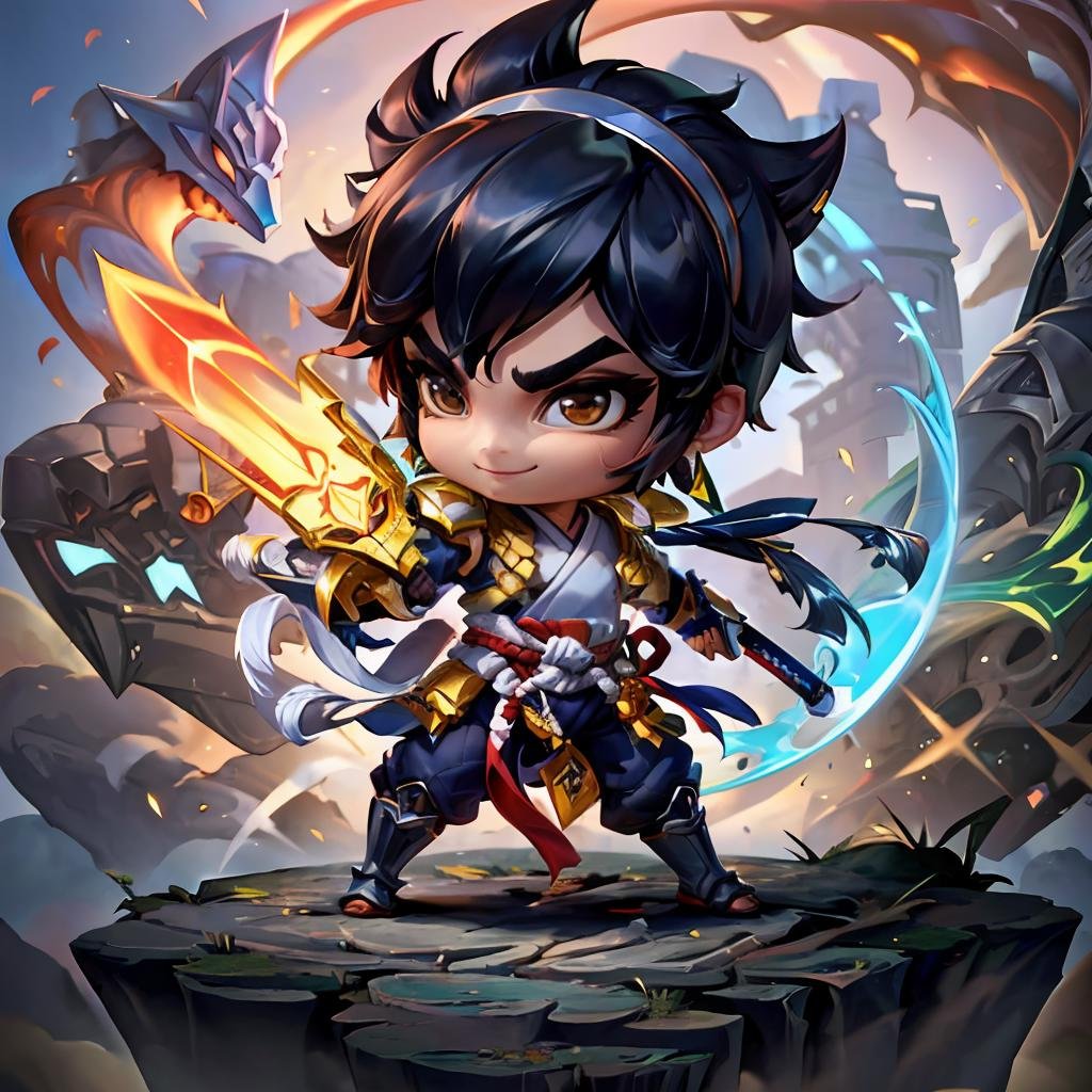 1boy, thick eyebrows, smile, skinny, (samurai, helmet, sword, male, spiked hair), from below, 3d, (black hair, brown eyes, earrings, hairband:1.2), (ChibiChampions:1), (chibi:1.4),(white background),(dynamic angle),(full body:1.2),(masterpiece:1.2), (best quality, highest quality), (ultra detailed), (8k, 4k, intricate), 