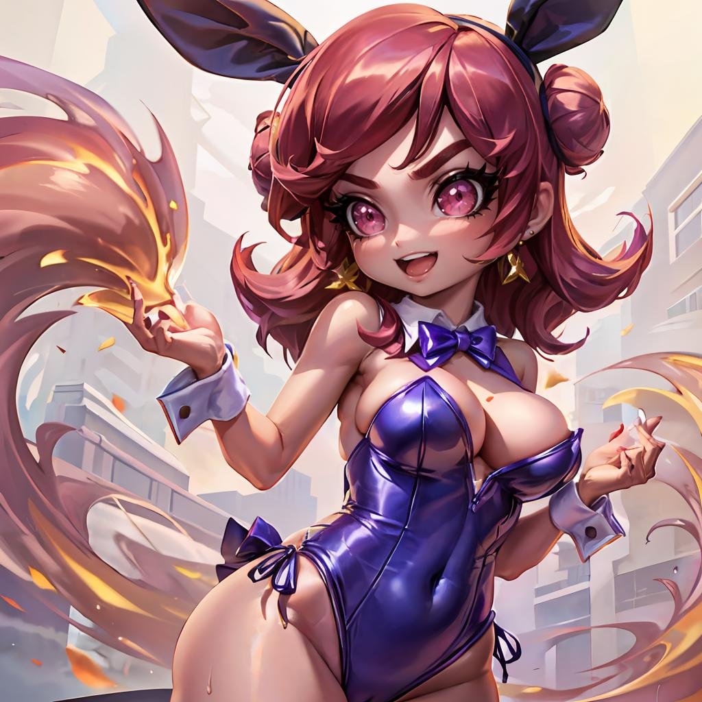 1girl, thick eyebrows, smile, skinny, (playboy bunny suit, one-piece swimsuit, big breast), from below, 3d, (red wavy hair, pink eyes, earrings, hair bun, hair bow:1.2), (ChibiChampions:1), (chibi:1),(white background),(dynamic angle),(cowboy shot:1.2),(masterpiece:1.2), (best quality, highest quality), (ultra detailed), (8k, 4k, intricate), 