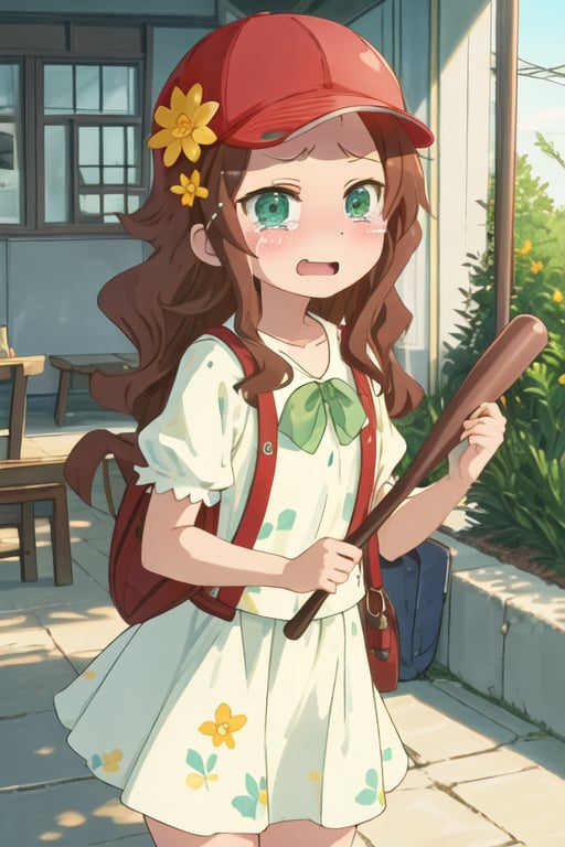 best quality, masterpiece, highres, solo, {riko_saikawa_kobayashisanchinomaidragon:1.15}, brown_hair, blush, long_hair, green_eyes, hair_ornament, flower, hair_flower, 1girl, hat, baseball_cap, looking_at_viewer, tears, open_mouth