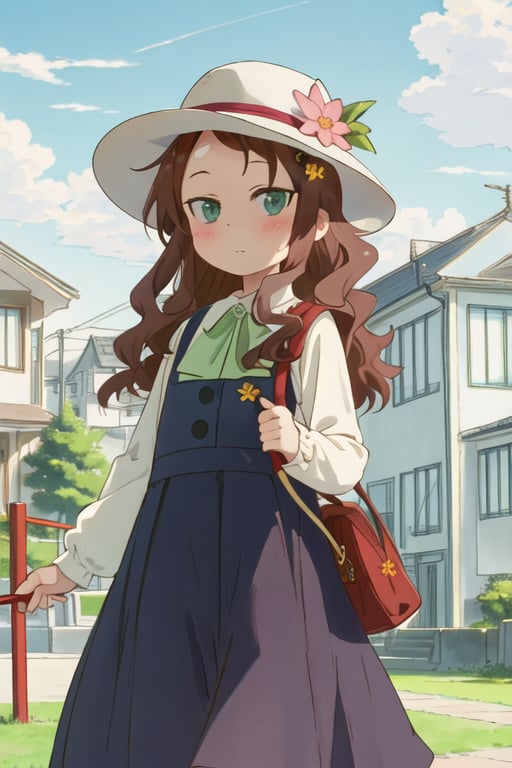 best quality, masterpiece, highres, solo, {riko_saikawa_kobayashisanchinomaidragon:1.15}, brown_hair, blush, long_hair, green_eyes, hair_ornament, flower, hair_flower, 1girl, blue_sky, day, hat, outdoors, sky, blue_dress, dress, cloud, upper_body, power_lines, utility_pole, closed_mouth, bag, house, shirt, building