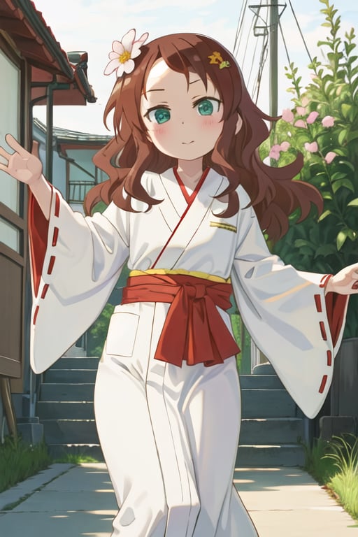 best quality, masterpiece, highres, solo, {white kimono:1.35}, {red hakama:1.35}, {wide sleeves:1.20}, {riko_saikawa_kobayashisanchinomaidragon:1.15}, brown_hair, blush, long_hair, green_eyes, hair_ornament, flower, hair_flower