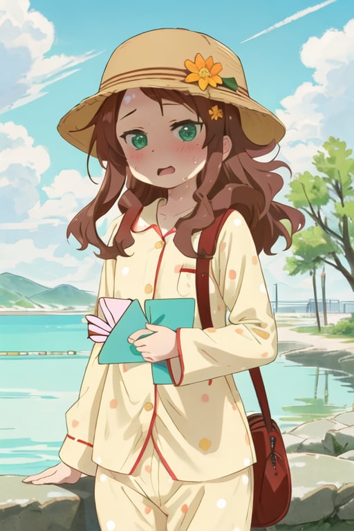 best quality, masterpiece, highres, solo, {riko_saikawa_kobayashisanchinomaidragon:1.15}, brown_hair, blush, long_hair, green_eyes, hair_ornament, flower, hair_flower, card, holding, holding_card, outdoors, parody, playing_card, sweat, turn_pale, upper_body, wavy_mouth, 1girl, polka_dot_shirt, bangs, long_sleeves, meme, open_mouth, pajamas, shirt, surprised, tree, wide-eyed, yellow_shirt