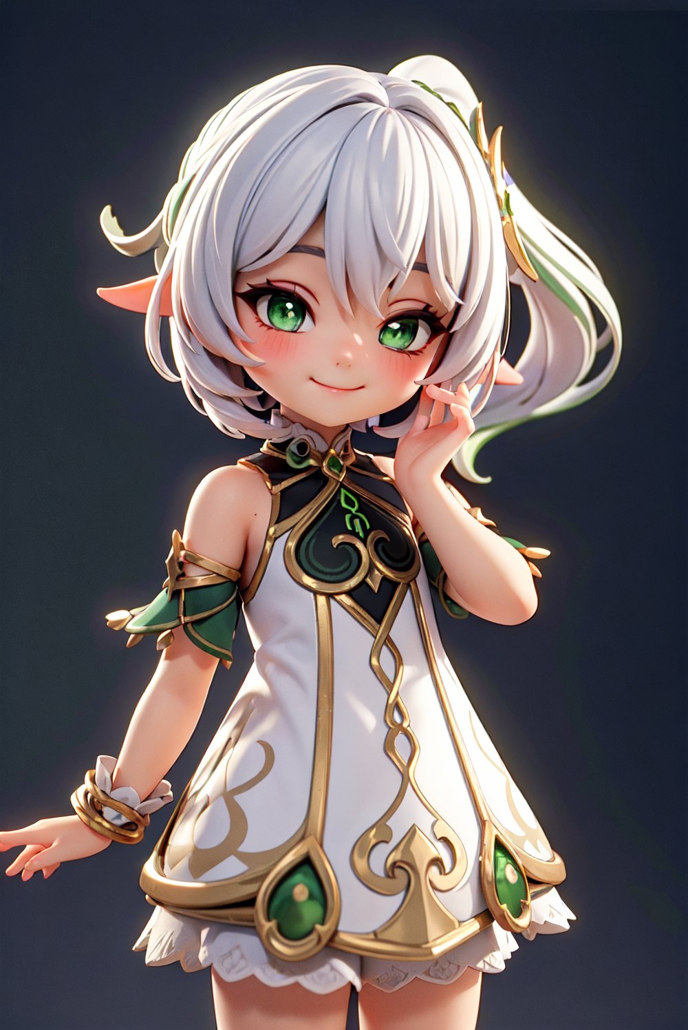 nahida \(genshin impact\), chibi, 3d, render, pvc, (right ponitail), green eyes, one eye closed, smile, high lights, light aura, best quality, masterpiece, a very delicate and beautiful, (one little and cute girl at the center:1.2), (solo:1.3), outdoors