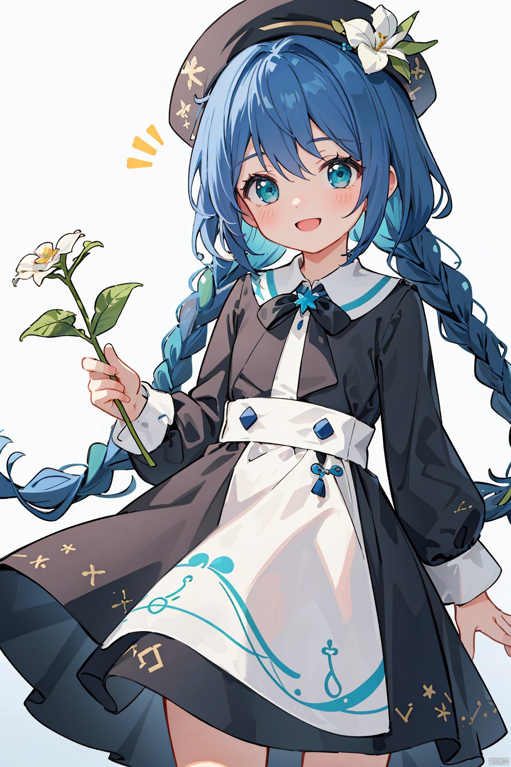  (masterpiece), (best quality),(illustration), qb,  flower, 1girl, multicolored hair, hat, twin braids, black hair, smile, instrument, gradient hair, beret, blue hair, green eyes, long sleeves, bangs, holding, white flower, solo, looking at viewer