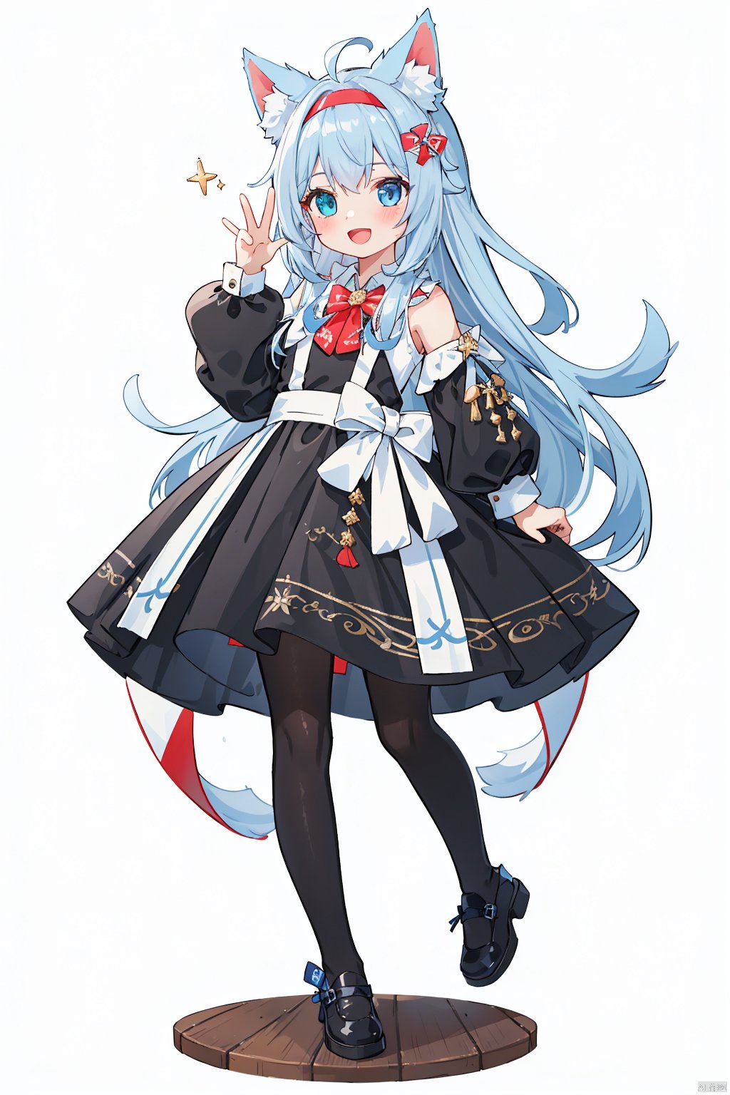  qb, 1girl, solo, long hair, smile, animal ears, blue eyes, black footwear, hairband, pantyhose, shoes, long sleeves, :d, heterochromia, white pantyhose, full body, puffy sleeves, red hairband