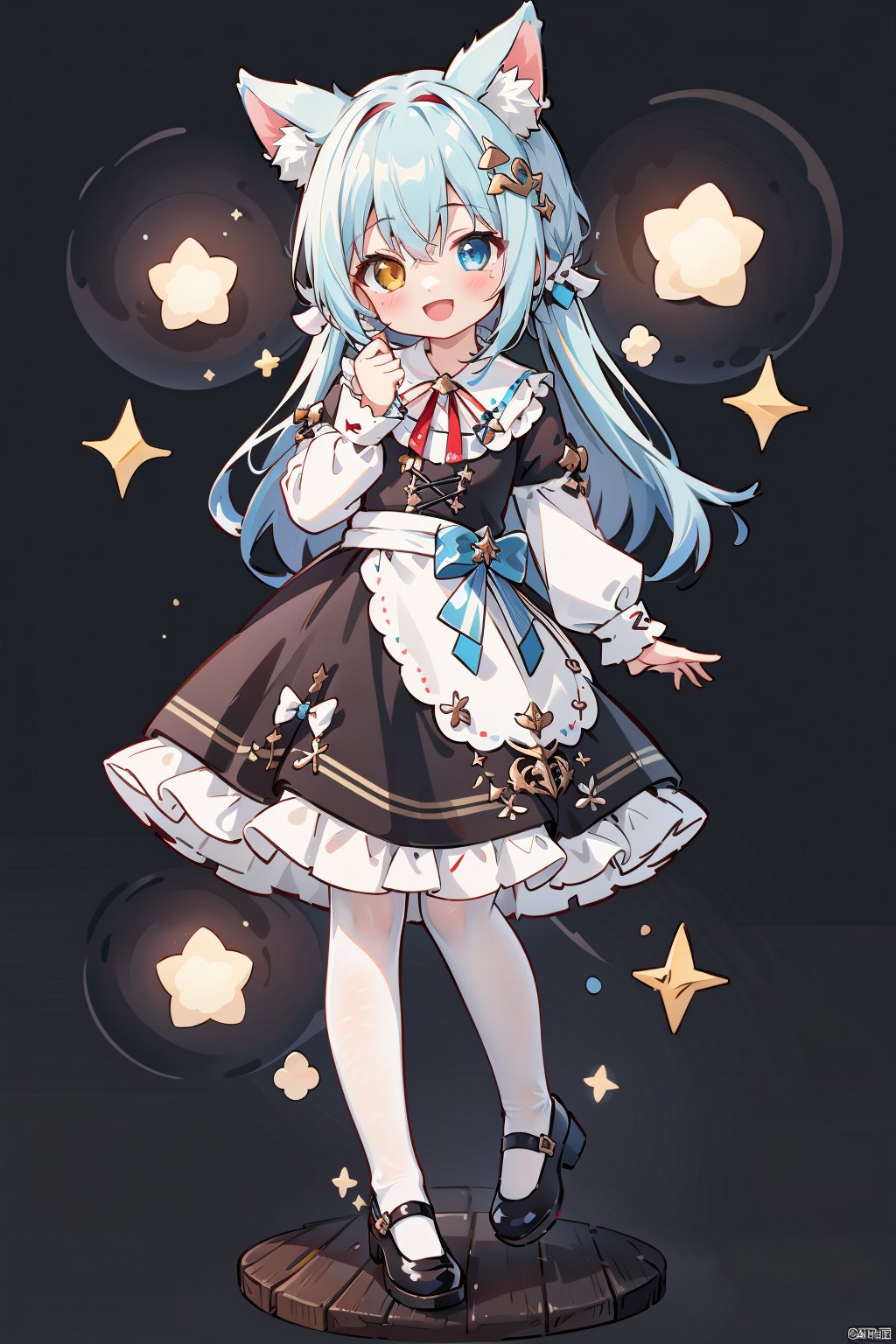  qb, 1girl, solo, long hair, smile, animal ears, blue eyes, black footwear, hairband, pantyhose, shoes, long sleeves, :d, heterochromia, white pantyhose, full body, puffy sleeves, red hairband