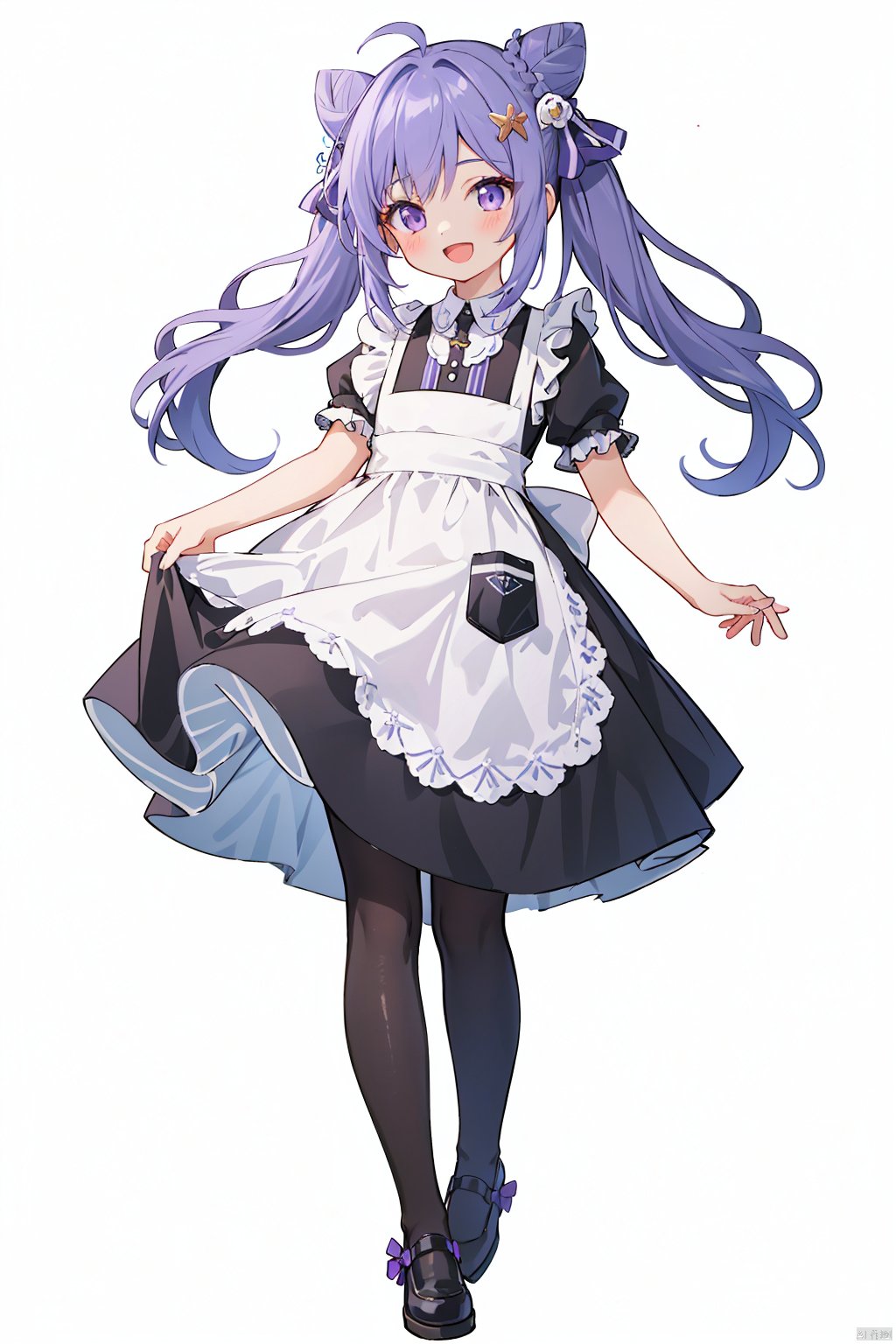 qb, 1girl, hair bun, aged down, looking at viewer, pantyhose,  purple eyes, solo, long hair, hair ornament, double bun, purple hair, sidelocks, maid, bangs, twintails, smile, simple background, alternate costume, full body, :d, black pantyhose, short sleeves