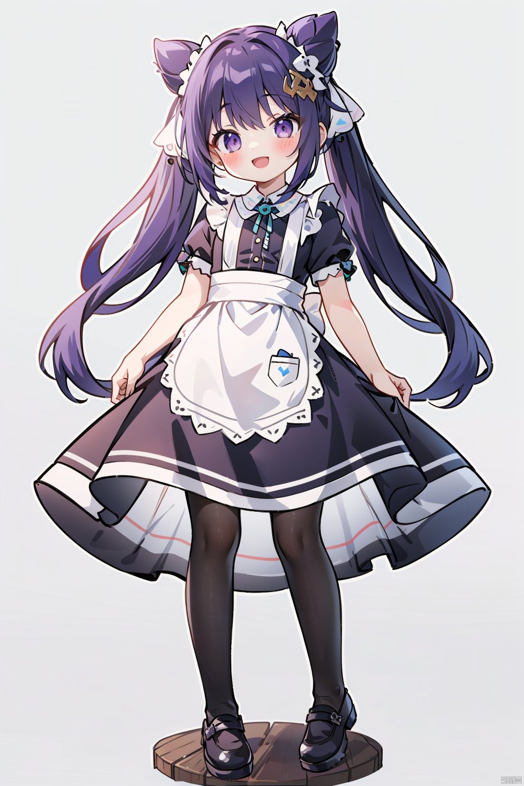  qb, 1girl, hair bun, aged down, looking at viewer, pantyhose, purple eyes, solo, long hair, hair ornament, double bun, purple hair, sidelocks, maid, bangs, twintails, smile, simple background, alternate costume, full body, :d, black pantyhose, short sleeves