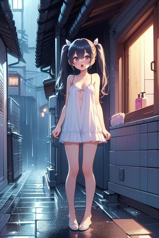 (((masterpiece))),  (((best quality))),  (((half body))),  (((2girl))),  (((side viewer girl standing on night alley at outdoors))),  ((wearing camisole)),  ((looking inside window with back view girl bathing in bathroom)), (((topless))),  petite figure proportion,  white tile wall,  surprise,  curious,  open mouth,  ribbon,  twintails,  ((big tits))),  raining, night alley, <lora:girllikenightalley_v20:1.0>