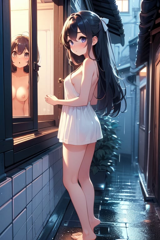 (((masterpiece))),  (((best quality))),  (((full body))),  (((2girl))),  (((side viewer girl standing on night alley at outdoors))),  ((wearing camisole)),  ((looking inside window)),  ((back view girl is bathing at indoors)),  ((topless)),  petite figure proportion,  white tile wall,  surprise,  curious,  ribbon,  ((big tits)),  raining,<lora:EMS-260057-EMS:1.000000>