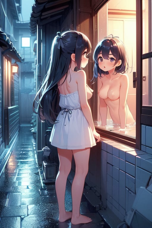 (((masterpiece))),  (((best quality))),  (((full body))),  (((2girl))),  (((side viewer girl standing on night alley at outdoors))),  ((wearing camisole)),  ((looking inside window)),  ((back view girl is bathing at indoors)),  ((topless)),  petite figure proportion,  white tile wall,  surprise,  curious,  ribbon,  ((big tits)),  raining,<lora:EMS-260057-EMS:1.000000>