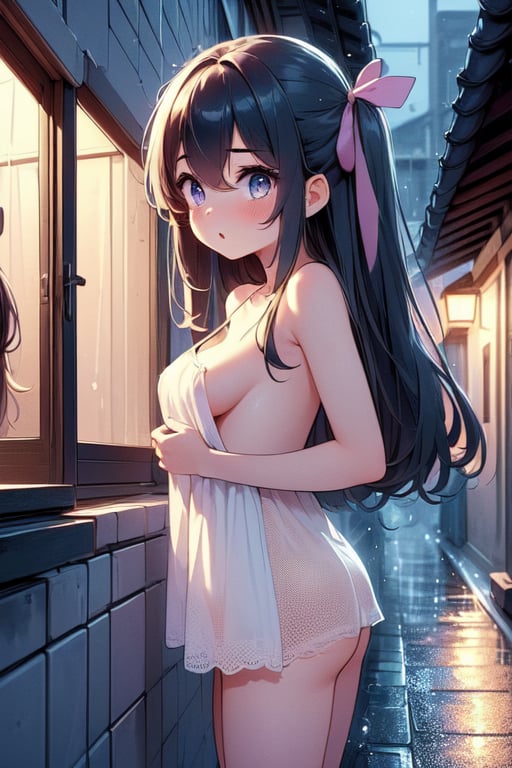 (((masterpiece))),  (((best quality))),  (((half body))),  (((2girl))),  (((side viewer girl standing on night alley at outdoors))),  ((wearing camisole)),  ((looking inside window)),  ((back view girl is bathing at indoors)),  ((topless)),  petite figure proportion,  white tile wall,  surprise,  curious,  ribbon,  ((big tits)),  bare thighs,  raining,<lora:EMS-260057-EMS:1.000000>