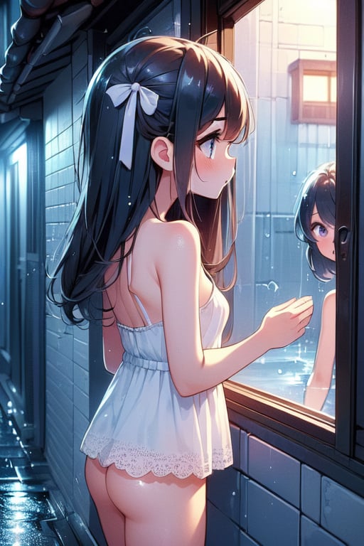 (((masterpiece))),  (((best quality))),  (((2girl))),  (((side viewer girl standing on night alley at outdoors))),  ((wearing camisole)),  ((looking inside window)),  ((back view girl is bathing at indoors)),  ((topless)),  petite figure proportion,  white tile wall,  surprise,  curious,  ribbon,  big tits,  raining,<lora:EMS-260057-EMS:1.000000>