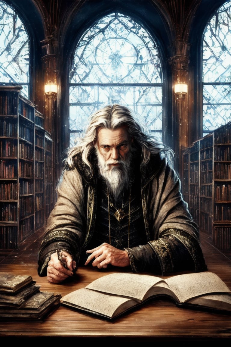 award winning waist up photo of a rugged fantasy wizard, wearing torn wizard robes, old and wrinkled, long white hair and beard, blue eyes, library, books in foreground, large window in background, fantasy, wonder, amazing, magical tools on table in background, bright wizard office or study, high contrast, shiny skin, backlighting, bloom, light sparkles, sharp focus, ultra detailed, masterpiece, Wizard, orcaeffectKA