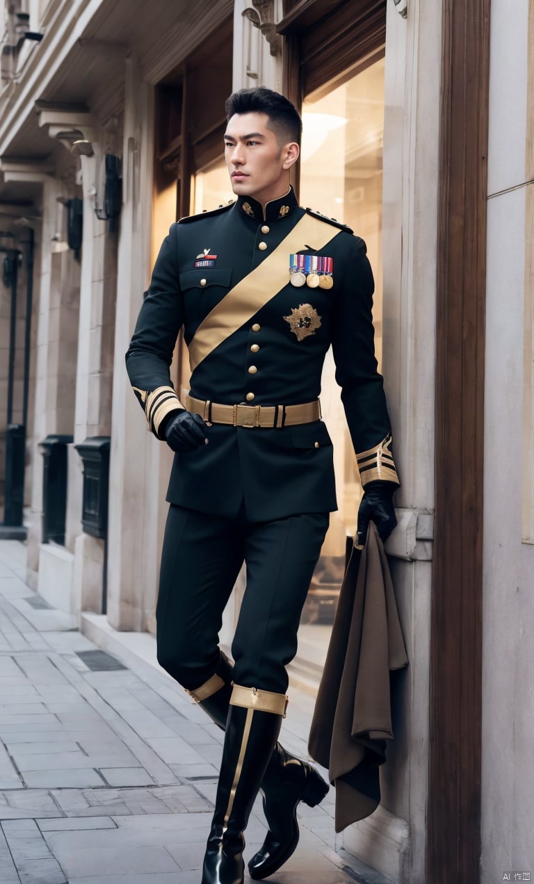  1man,asian,exquisite facial features,handsome,tall,male focus,military_uniform,(black knee_boots),gloves,armband,muscular,full body,dynamic pose,(masterpiece, realistic, Realism, best quality, highly detailed, 8K Ultra HD, sharp focus, profession),soft lighting,blurry,outdoors,Dynamic angle,1man