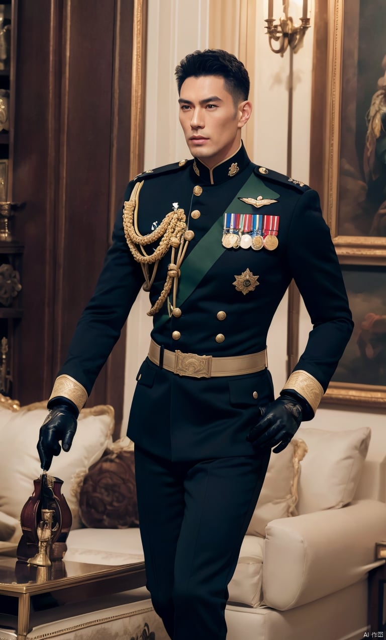  1man,asian,exquisite facial features,handsome,tall,male focus,military_uniform,(black knee_boots),gloves,armband,muscular,full body,dynamic pose,(masterpiece, realistic, Realism, best quality, highly detailed, 8K Ultra HD, sharp focus, profession),soft lighting,blurry,outdoors,Dynamic angle,1man