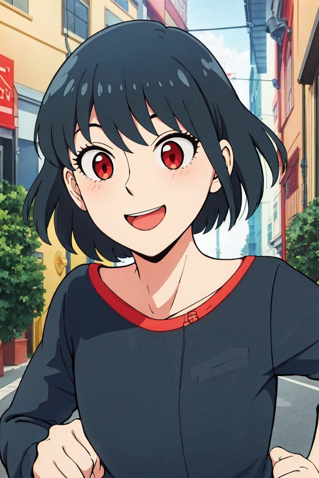 1girl, black hair, red eyes, bangs, happy, ree sweater, running, street, upper body 