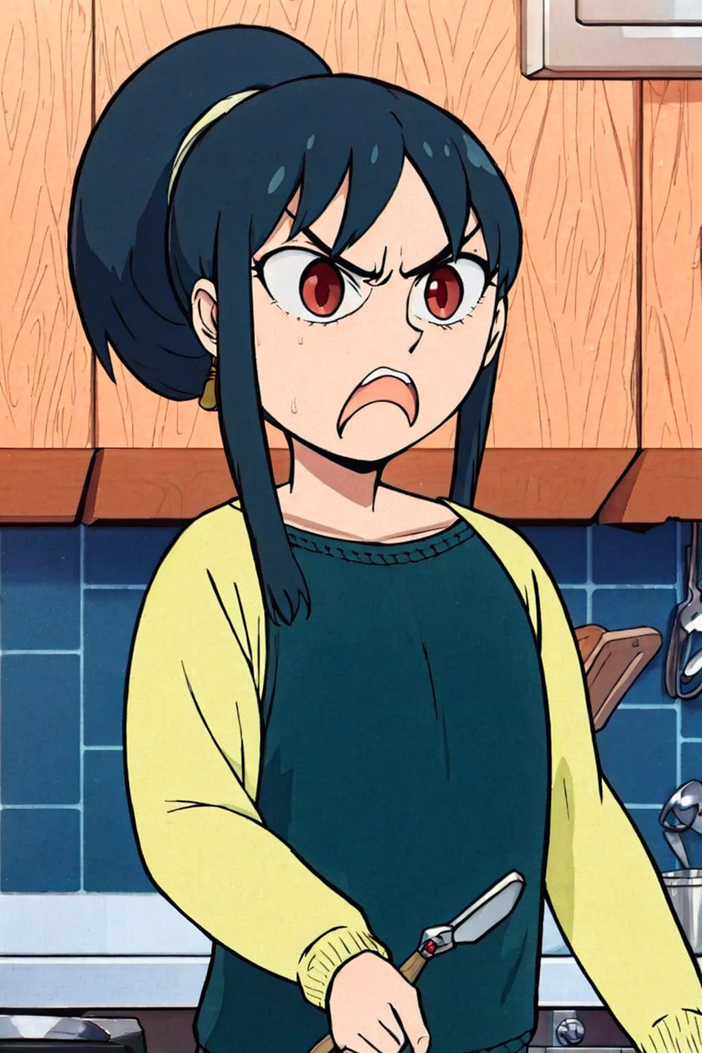 1girl, black hair, red eyes, ponytail, angry, sweater, standing, kitchen, upper body 