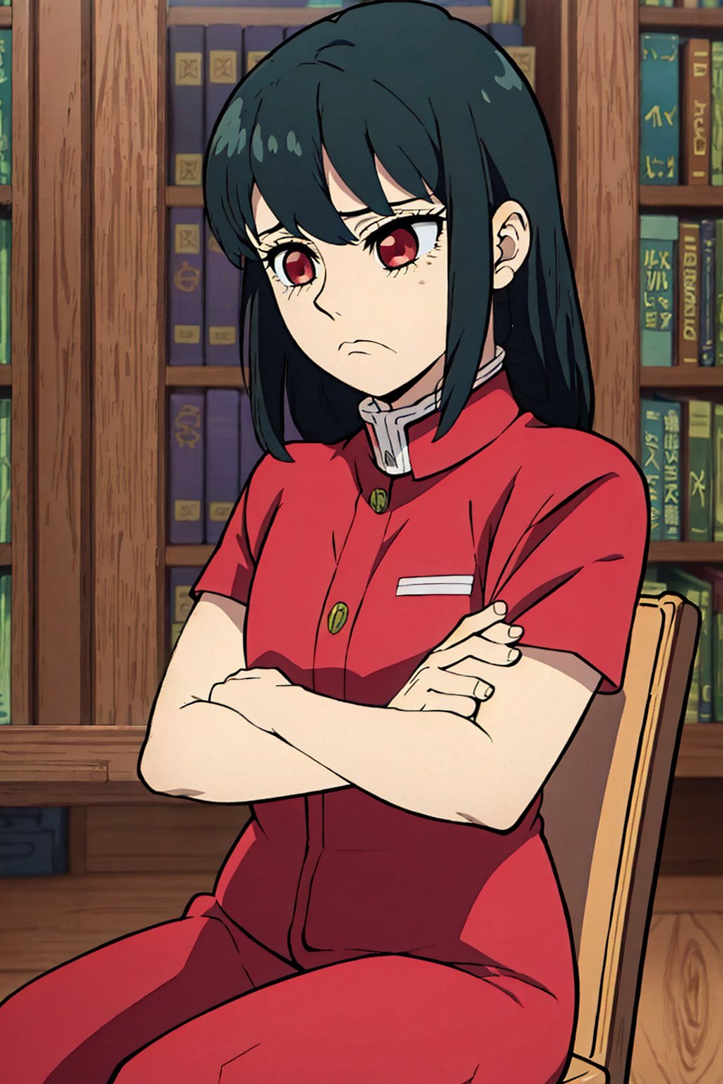 1girl, black hair, red eyes, bangs, sad, red shirt, sitting, library, upper body,kimetsu no yaiba style