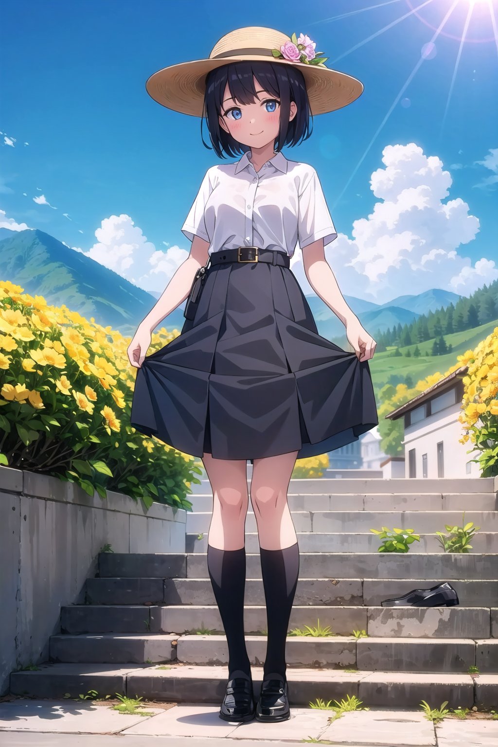 (masterpiece),  1girl,  solo,  outdoors,  skirt,  blue eyes,  stairs,  sun,  hat,  mountain,  shirt,  blush,  skirt hold,  shoes,  looking at viewer,  black socks,  black skirt,  sky,  black hair,  day,  white shirt,  loafers,  bangs,  belt,  black footwear,  full body,  cloud,  short hair,  standing,  kneehighs,  blue sky,  black belt,  flower,  plant,  tree,  high-waist skirt,  hat flower,  smile