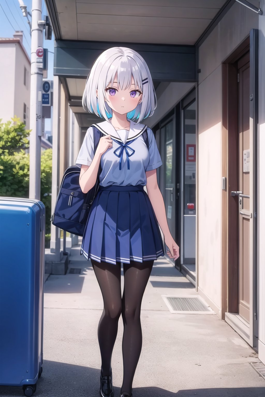 (masterpiece),  1girl,  silver hair,  medium hair,  multicolored hair,  purple eyes,  medium breasts,  kindergarten uniform,  blue shirt,  neck ribbon,  white sailor collar,  blue skirt,  pleated skirt,  backpack,  randoseru,  black pantyhose,  black footwear