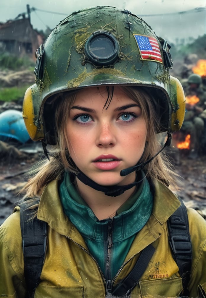 Young girl vaultgirl Soldier, post apocalypse, wearing vaultsuit and a USA vietnam era helmet, closeup, tired face, tired, exhausted, raining, battlefield, explosions, mutants attacking, barbed wire, ultra realistic, 4k, intricate details, highly detailed, photoreal), Neon Digital Art, Minimalist Style, Movie Grain, Bloom,more detail XL,Real,perfect likeness of TaisaSDXL