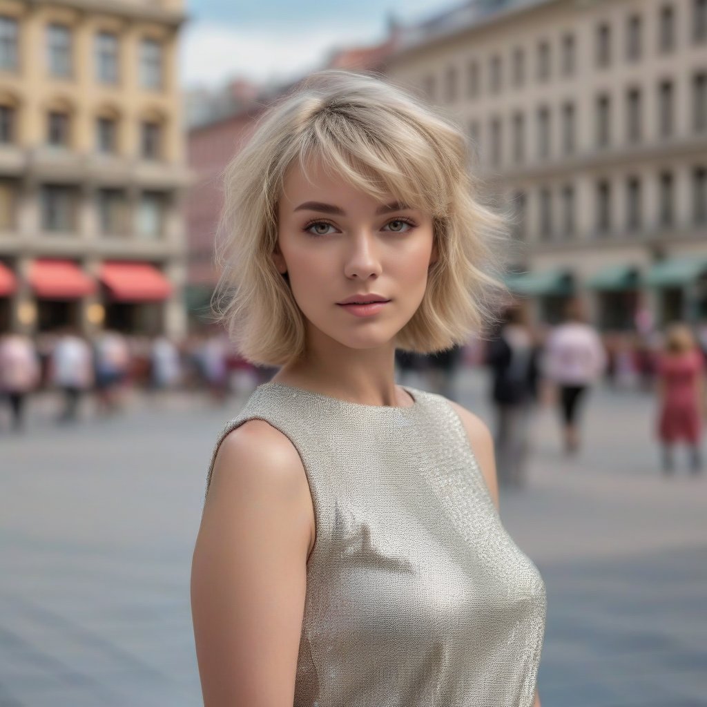 woman_nr1 with a full body in the photo. Short blonde hair with bangs. City square background, lifelike,highly detailed CG unified 8K backgrounds,ultra quality, sharp focus, tack sharp, film grain, Fujifilm XT3, crystal clear, detailed skin tone, detailed skin complexion, 8K UHD, etailed skin, skin pores, flowing, bright, heavenly