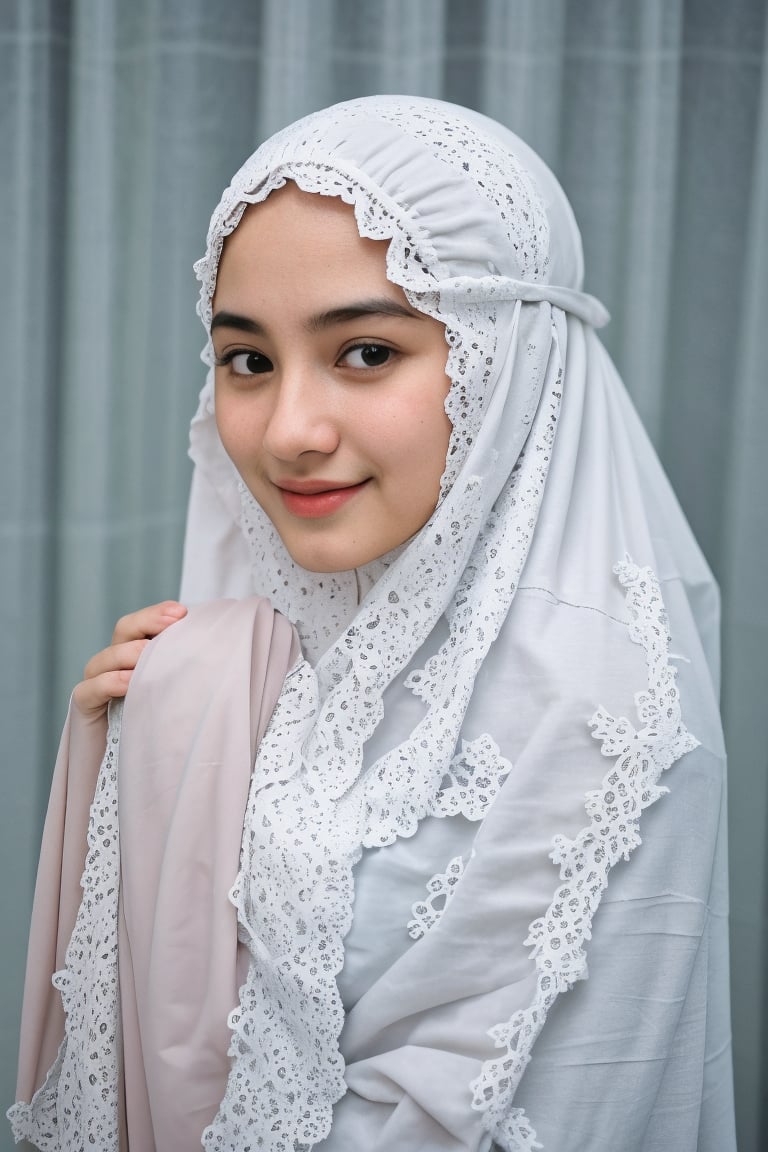 (mukena), 1 girl, 25 year, smile, using a PRAYER HIJAB frilly, white background, real_life, from_behind_view